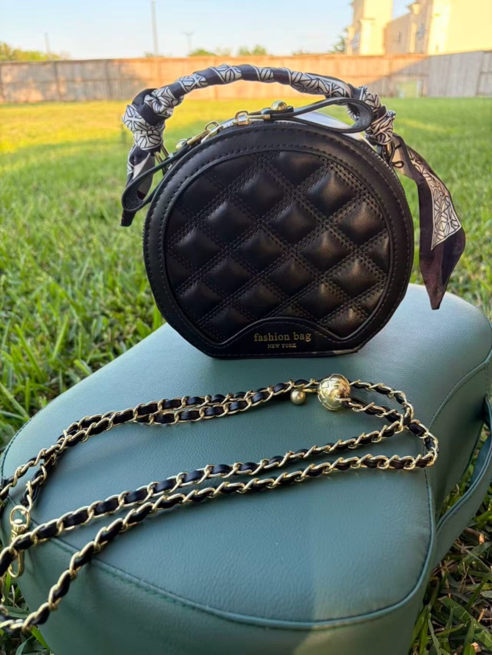 Black Quilted Round Mini Crossbody Bag with Scarf-Wrapped Handle